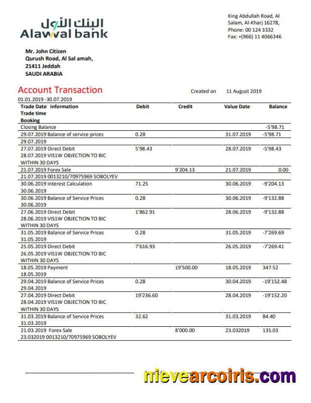 Saudi Arabia Alawwal Bank statement